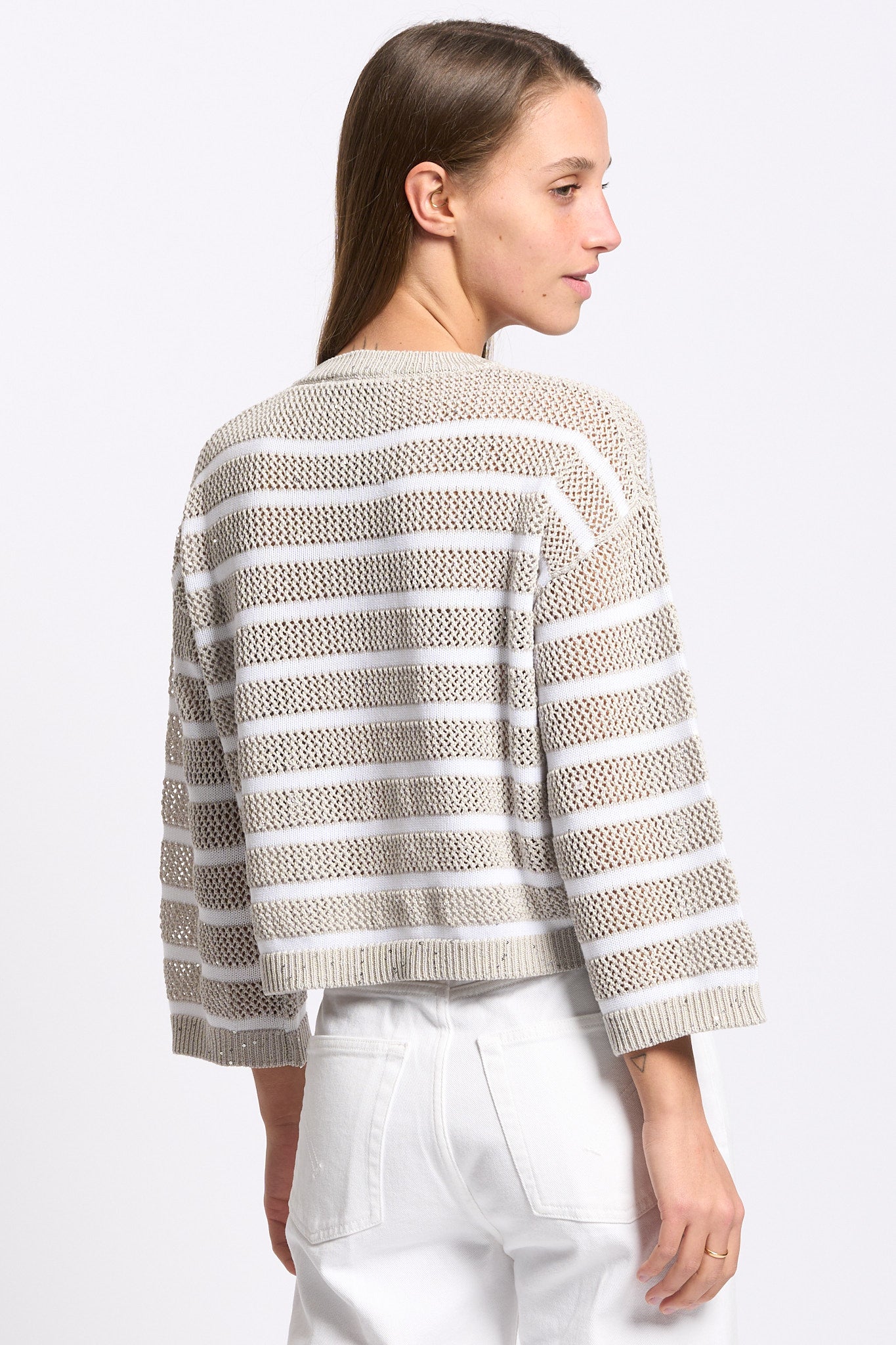 Purotatto Maglia con Micro Paillettes Beige/Bianco Donna-6