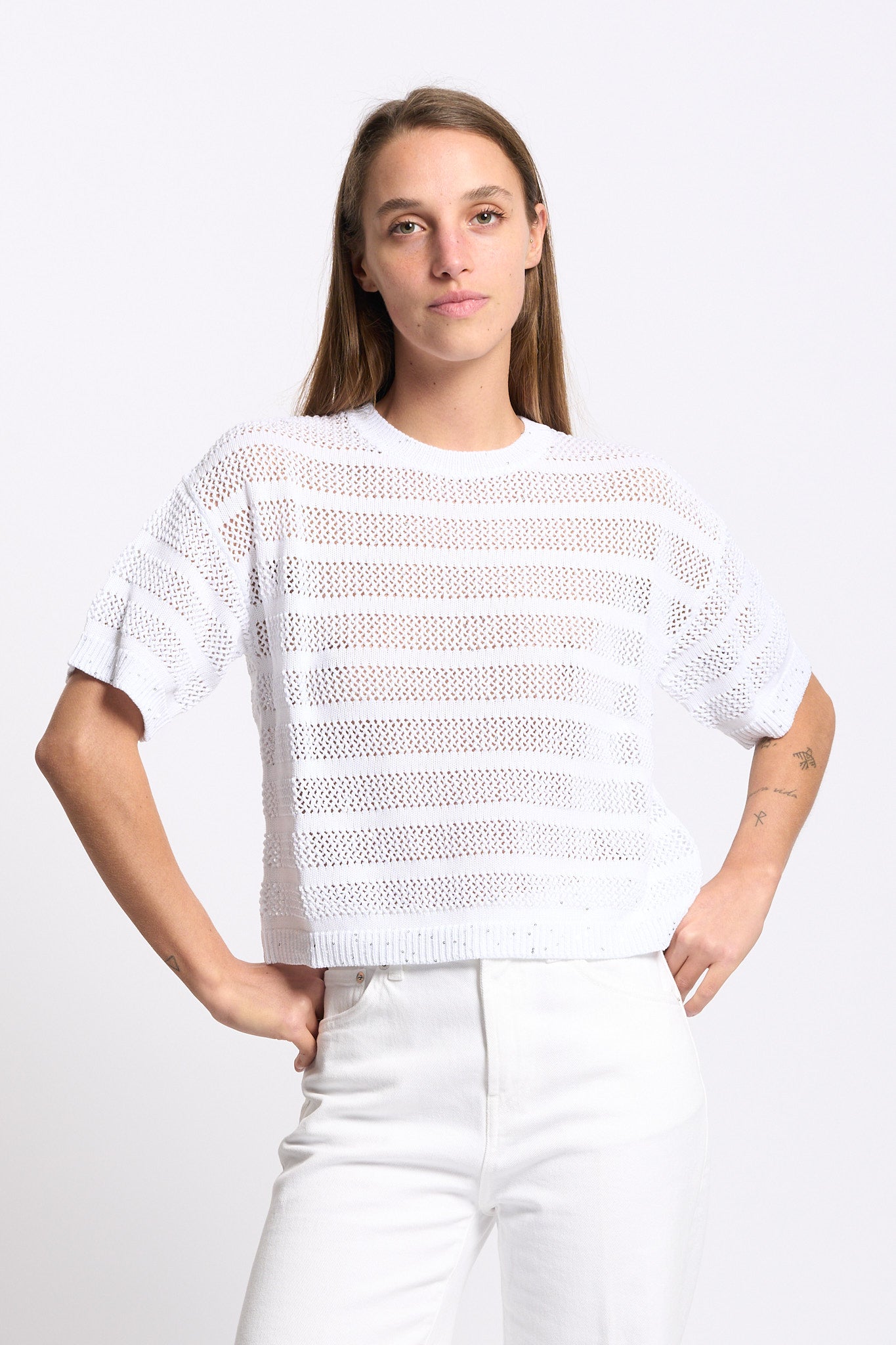 Purotatto Maglia con Micro Paillettes Bianco Donna-3