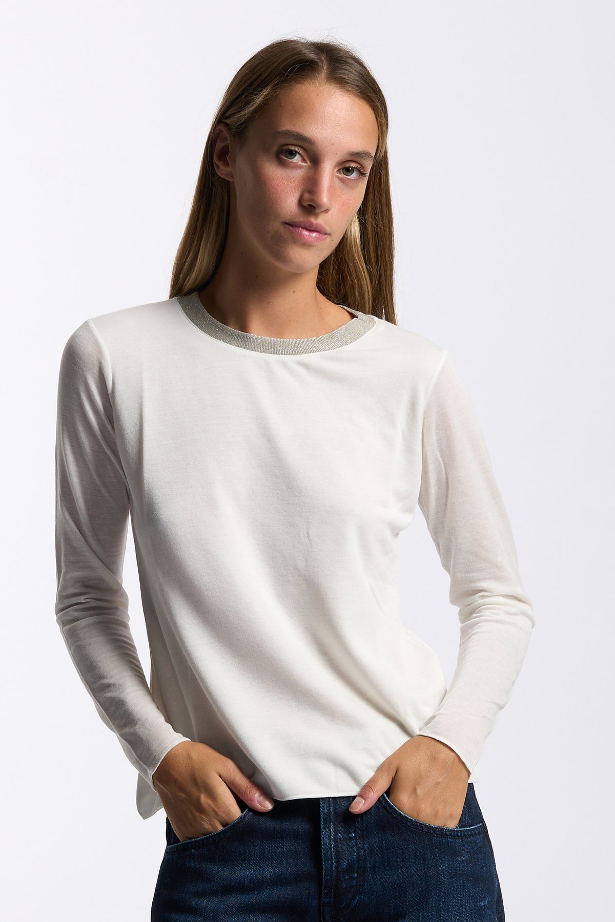 Purotatto T-shirt Manica Lunga Lurex Panna Donna-2