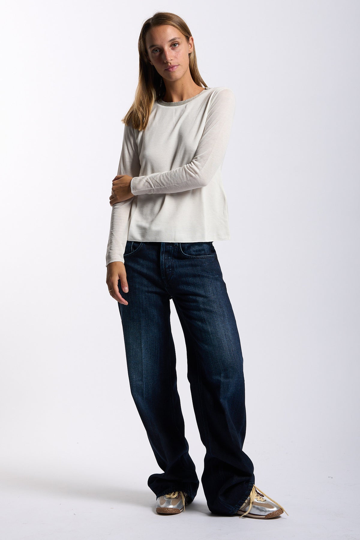 Purotatto T-shirt Manica Lunga Lurex Panna Donna-3