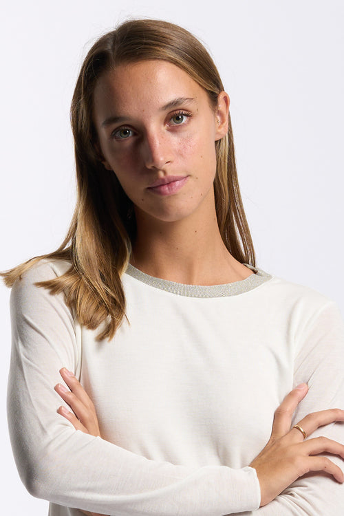 Purotatto T-shirt Manica Lunga Lurex Panna Donna