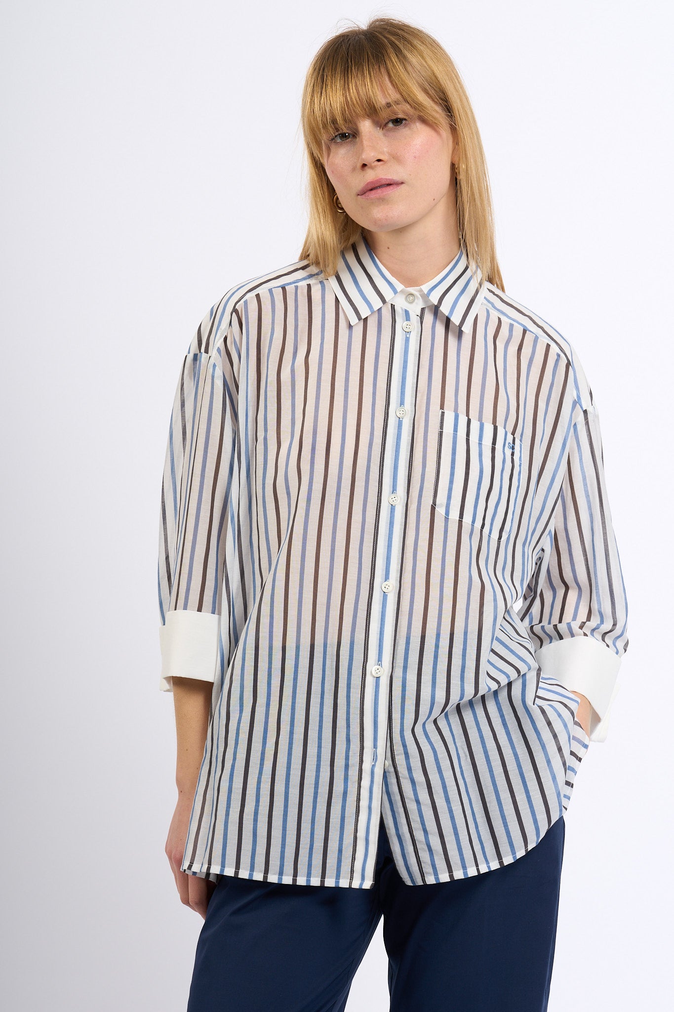 Semicouture Camicia GRACIA in Mussola Blu/Cacao Donna-3