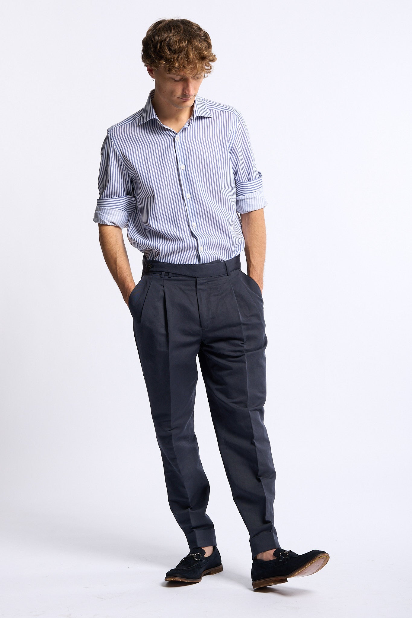 Sonrisa Camicia Misto Lino Riga Bianco/azzurro Uomo-2
