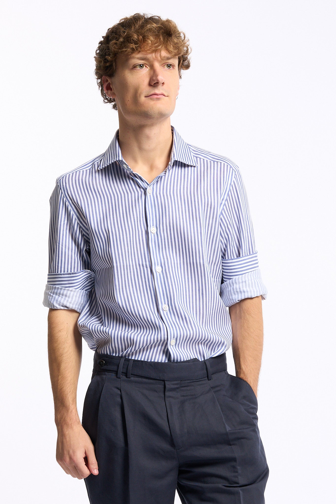 Sonrisa Camicia Misto Lino Riga Bianco/azzurro Uomo-1