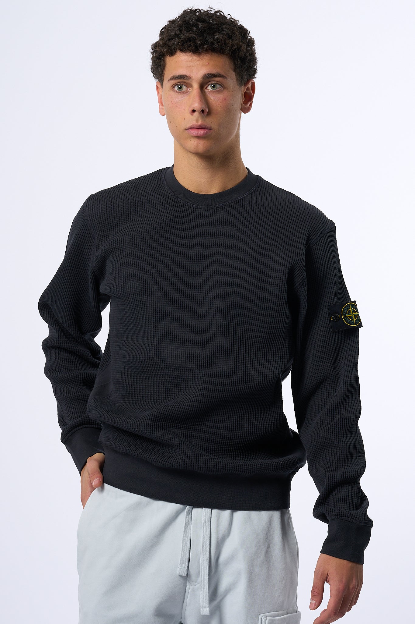 Stone Island Maglia Cotone Waffel Giro Blu Uomo-4