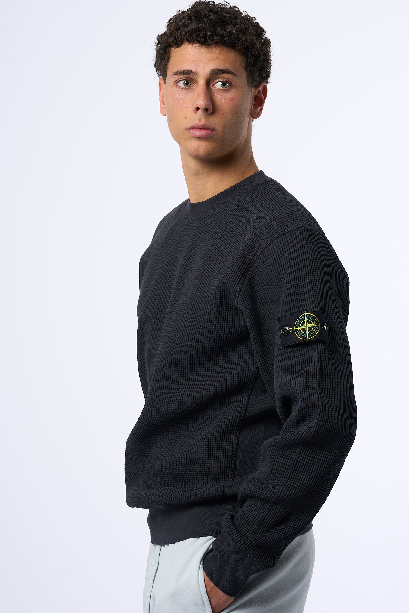 Stone Island Maglia Cotone Waffel Giro Blu Uomo-5