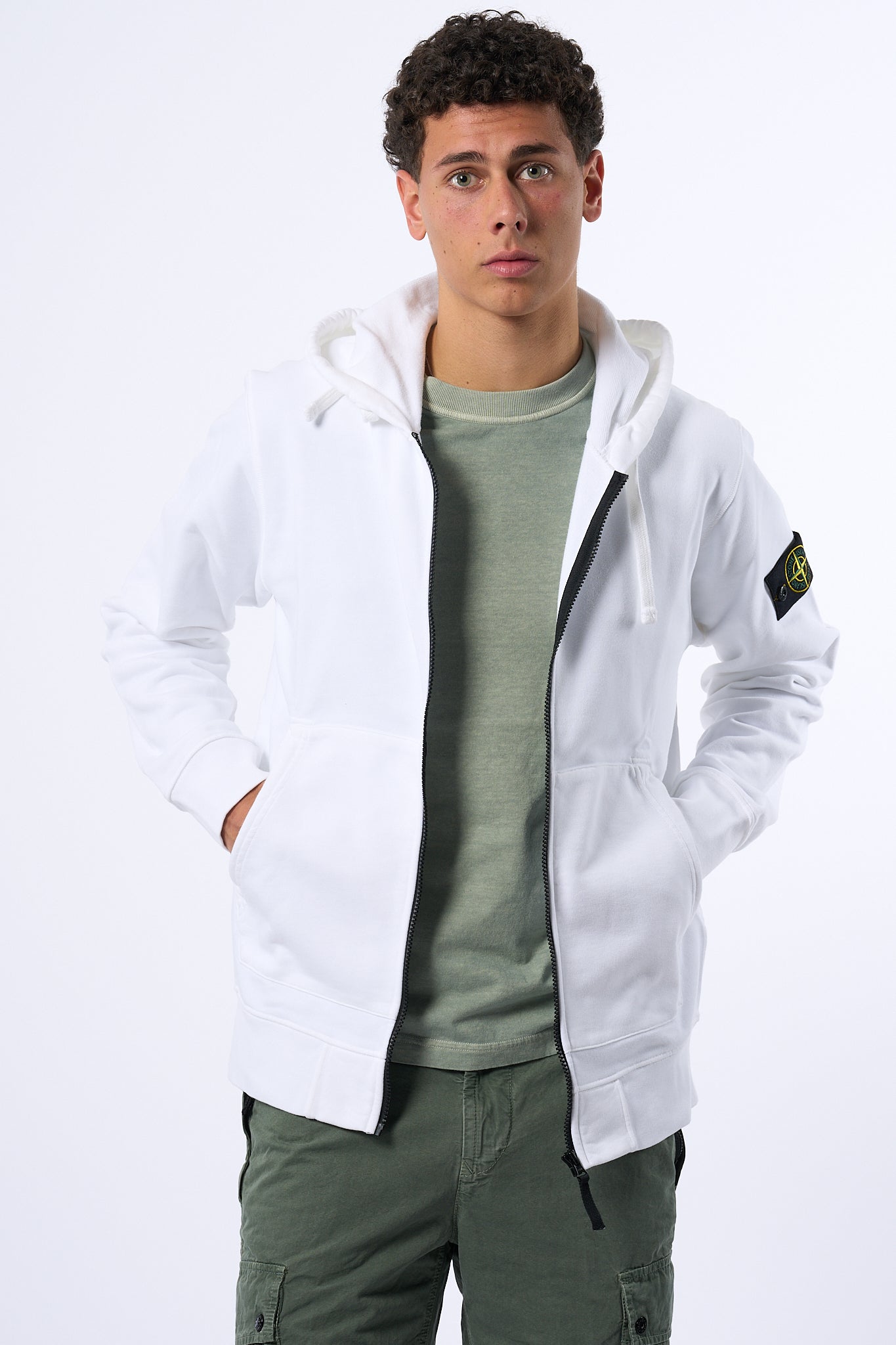 Stone Island Felpa Zip Cappuccio Bianco Uomo-8