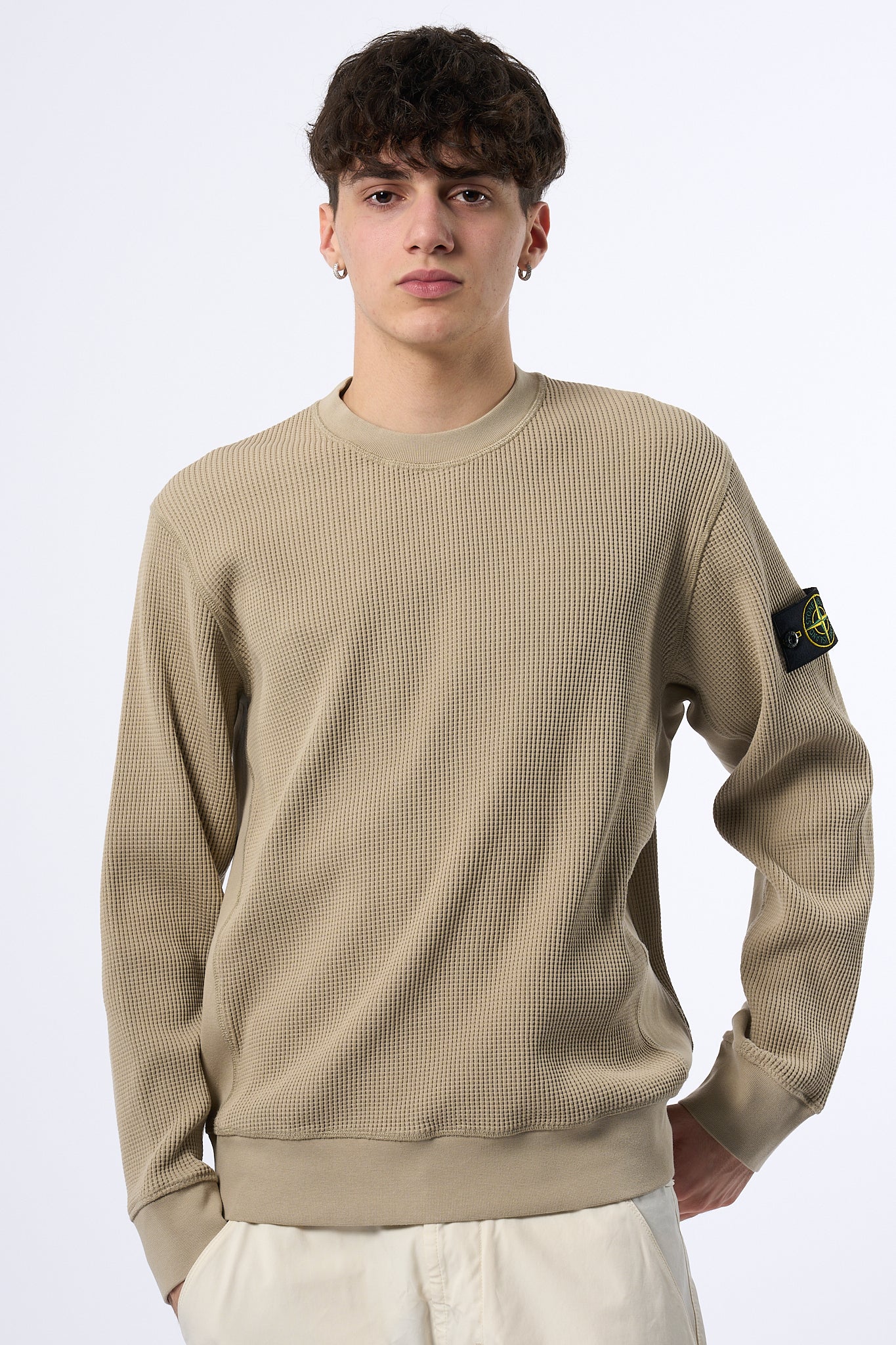 Stone Island Maglia Cotone Waffel Giro Sabbia Uomo-3