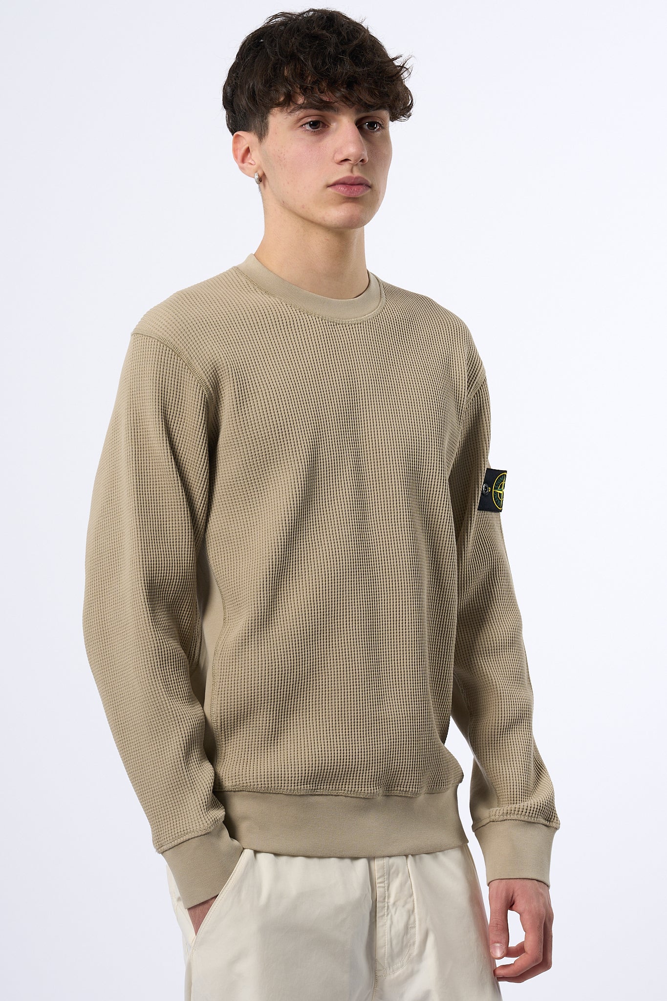 Stone Island Maglia Cotone Waffel Giro Sabbia Uomo-5