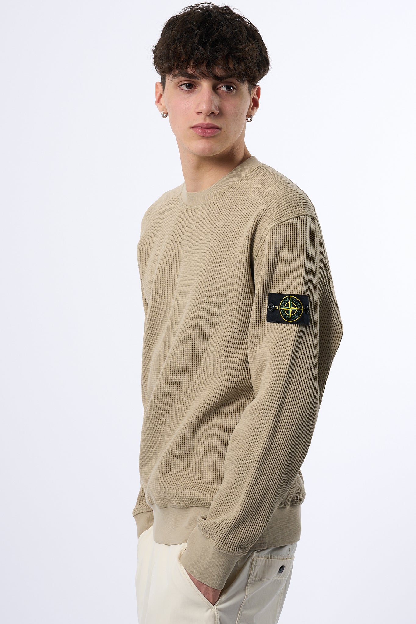 Stone Island Maglia Cotone Waffel Giro Sabbia Uomo-7