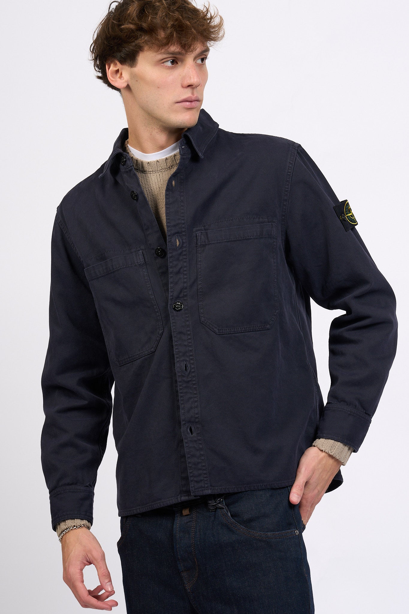 Stone Island Overshirt Panama Cotton Blu Uomo-1