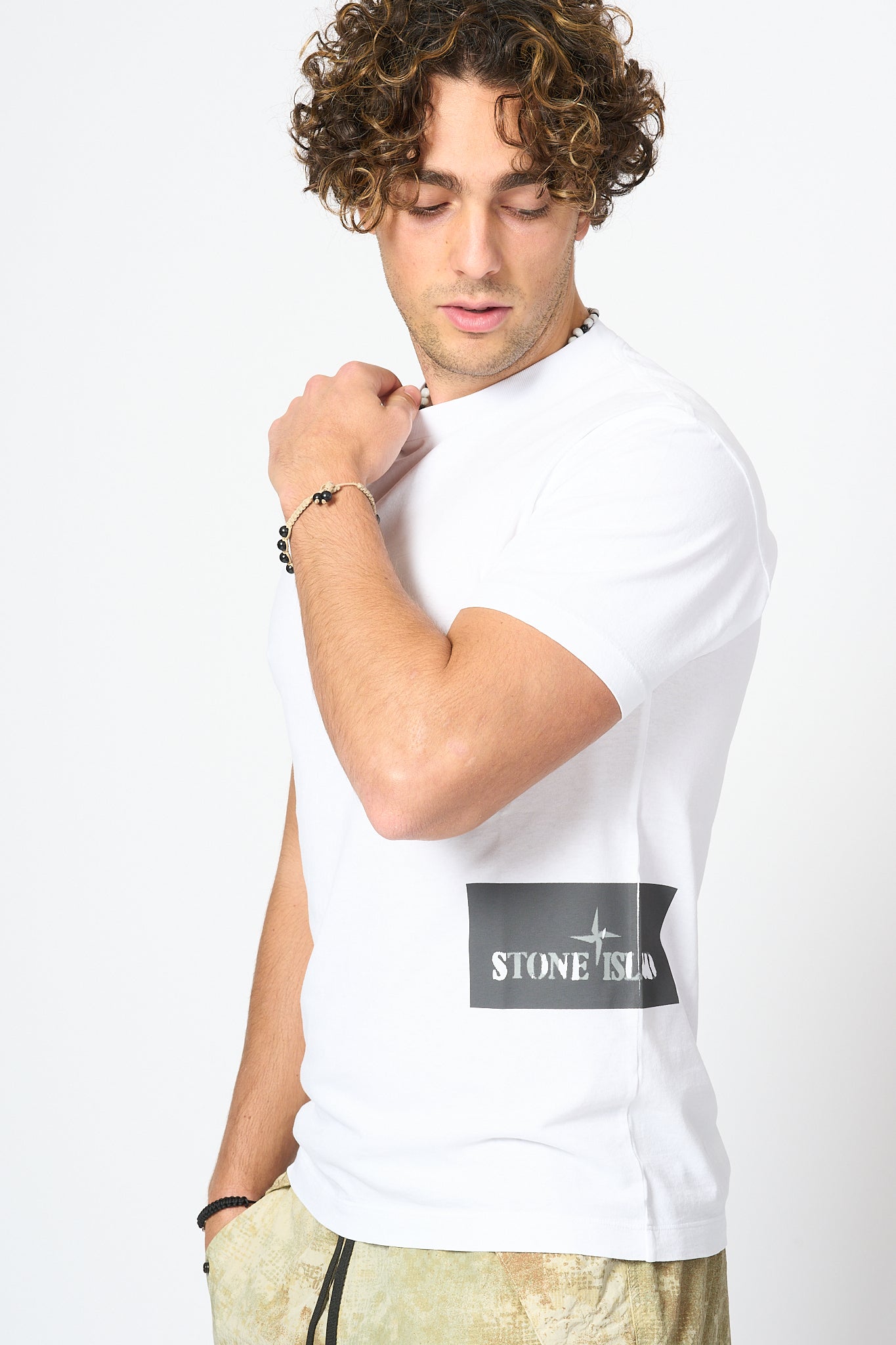 Stone Island T-shirt Stampa Laterale Bianco Uomo-1