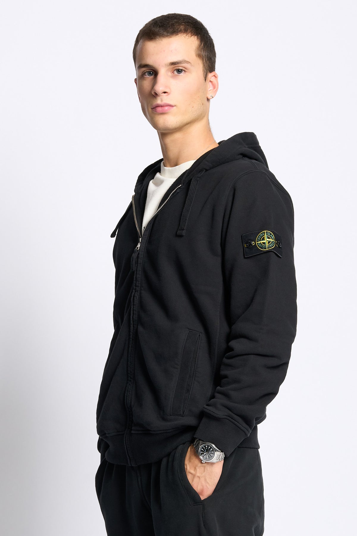 Stone island Felpa Full Zip Cappuccio Nero Uomo-3