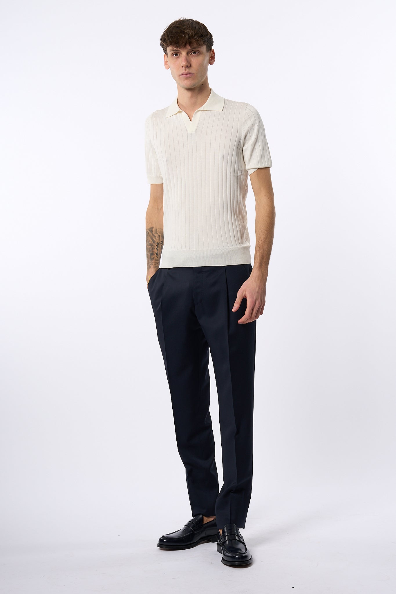 Tagliatore Polo in Seta e Cotone Bianco Uomo-3