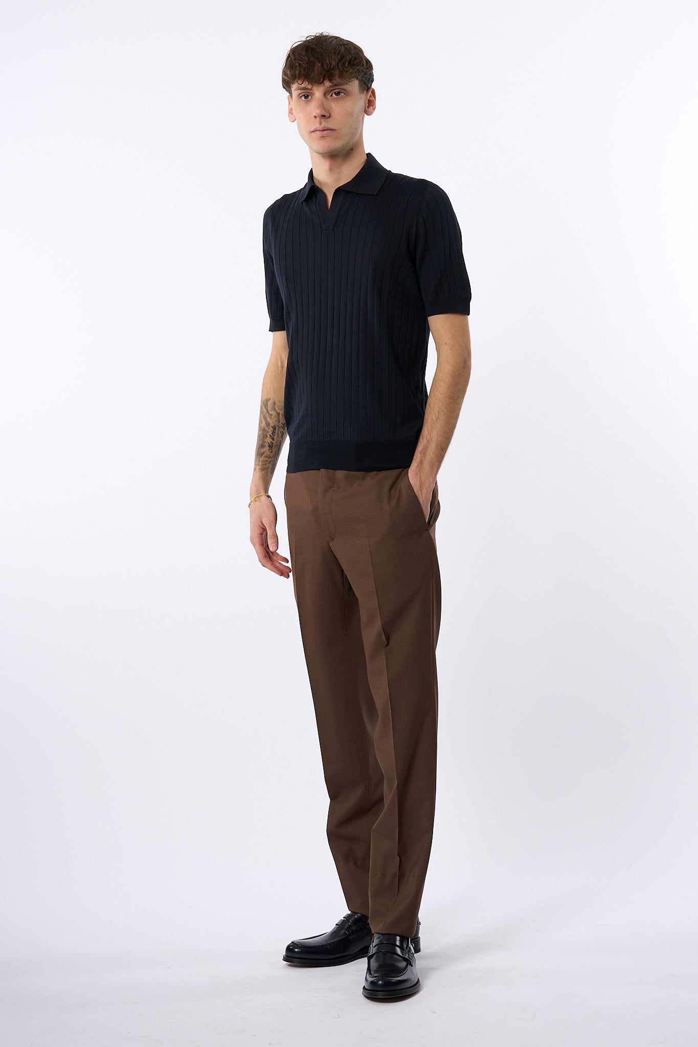 Tagliatore Polo in Seta e Cotone Blu Uomo-7