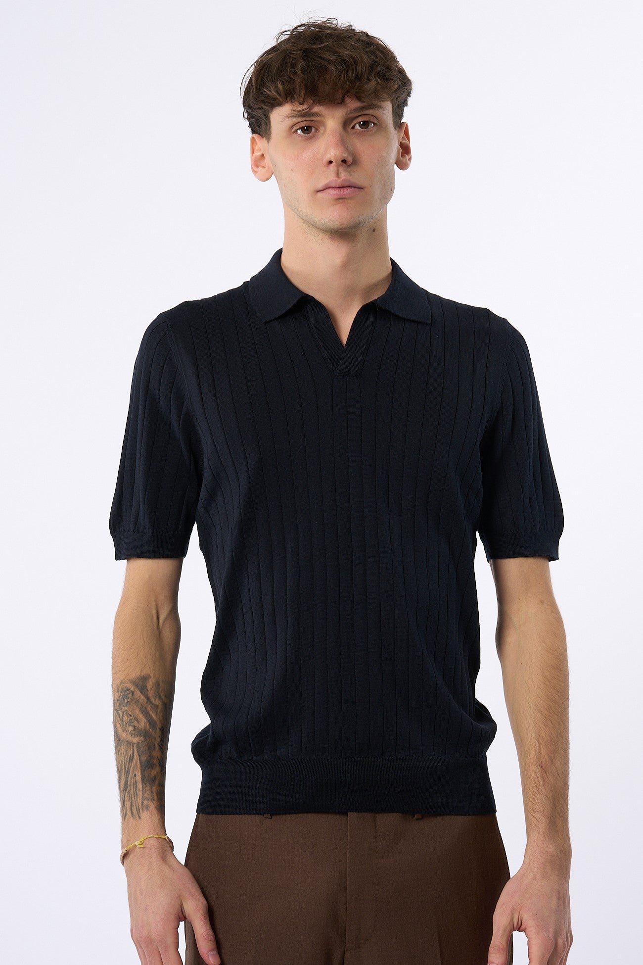 Tagliatore Polo in Seta e Cotone Blu Uomo-5