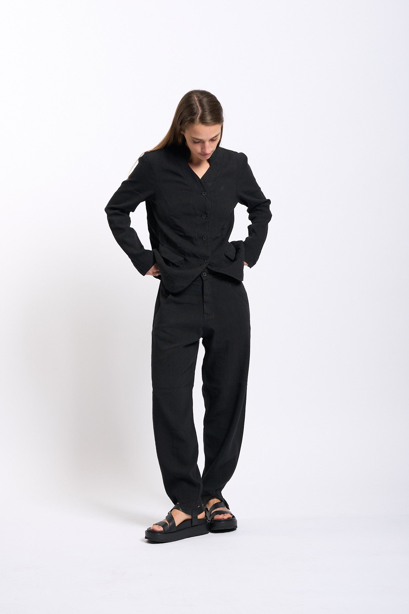 Transit Pantalone in misto Lino Nero Donna-4